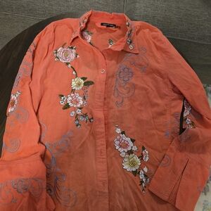 Embroidered Floral Coral Blouse